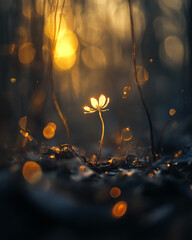 Poster - Delicate plant illuminated by golden sunlight in a serene forest