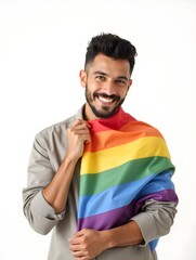 Sticker - Portrait of transgender or gay man smiling in front of camera taking cover with lgbt flag on white background with copy space. People lifestyle fashion lgbtq concept