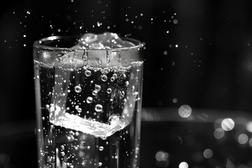 Wall Mural - An ice cube halfway submerged in a glass of sparkling water, with tiny bubbles clinging to its surface.