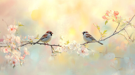 Poster - Two sparrows on blooming branches with soft pastel springtime background
