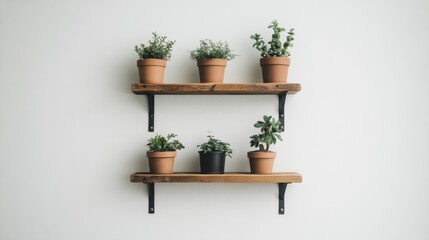 Wall Mural - Rustic wooden shelves with potted herbs and succulents against a white wall.