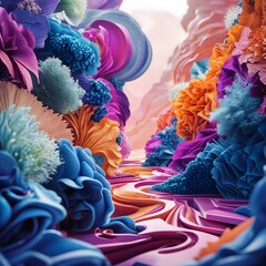 Wall Mural - A colorful and abstract depiction of fantastical flowers,Animals with textured petals and vibrant hues.A colorful and abstract depiction of a valley filled with fantastical flowers and flowing shapes.