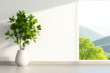 Wall Mural - bright interior featuring potted plant beside large window, showcasing scenic view of green mountains and trees. sunlight enhances fresh atmosphere