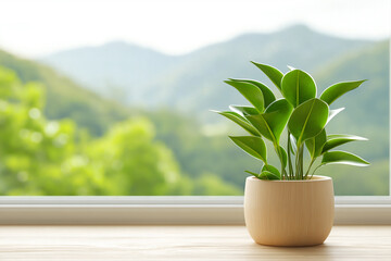 Sticker - potted plant with vibrant green leaves sits on wooden table by window, offering serene view of lush mountains in background. scene evokes sense of tranquility and connection to nature