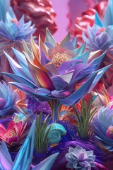 Wall Mural - A colorful and abstract depiction of fantastical flowers,Animals with textured petals and vibrant hues.A colorful and abstract depiction of a valley filled with fantastical flowers and flowing shapes.