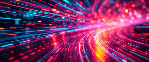 Fototapete - Fast moving data flowing through fiber optic cables creating light trails