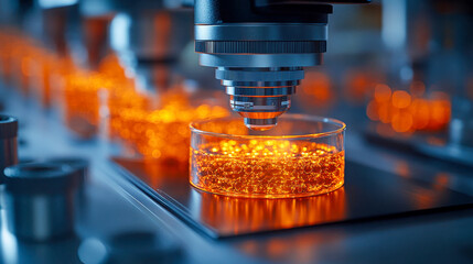 Poster - Modern laboratory setup with a petri dish under a microscope, emphasizing scientific research, precision, and innovation