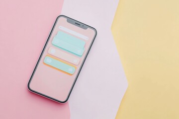 Aufkleber - Close up view of a modern smartphone displaying a colorful messenger chat on a pastel background. Generative AI