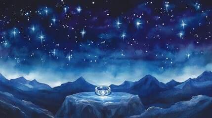 Poster - Magical ring discovery enchanted mountains fantasy art starry night aerial view cosmic journey