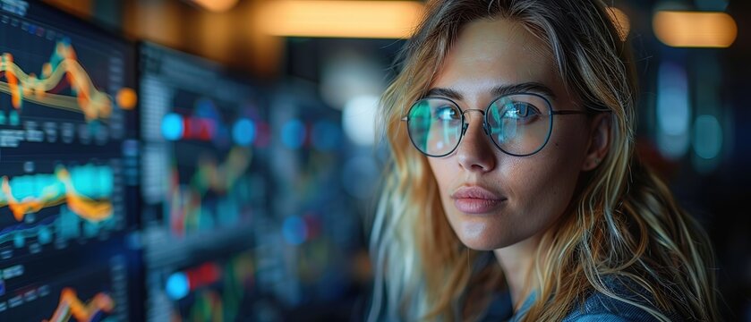 Professional female and statistician analyzing graphics on their multi-monitor computers close up copy space