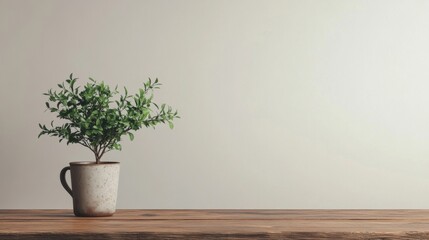 Wall Mural - Small potted plant on wooden table against a neutral wall.