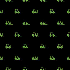 Canvas Print - Green Forklift truck icon isolated seamless pattern on black background