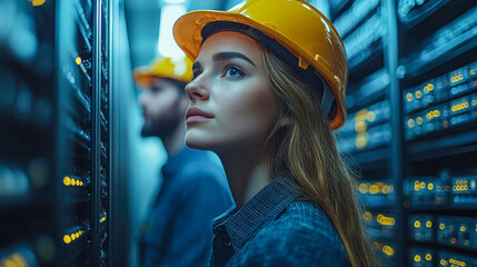 Poster - A young female engineer wearing a yellow hard hat, focused on inspecting server racks in a data center