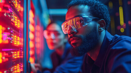 Poster - Two engineers in protective goggles closely inspecting brightly illuminated server racks in a high-tech environment