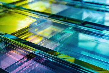 Wall Mural - close up horizontal abstract illustration of colorful glowing transparent geometric layers backgroun