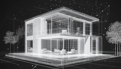 Poster - Wireframe Rendering of a Modern House