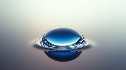 Wall Mural - A solitary blue water drop resting on a mirror-like metallic surface, creating a perfect reflection underneath. 