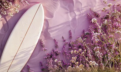 Wall Mural - surfboard on sandy beach with purple flowers in soft natural light