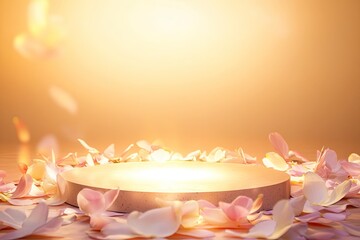 Poster - circular podium surrounded by delicate petals and soft glowing light set against warm gradient background
