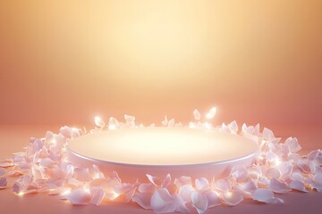 Poster - circular podium surrounded by delicate petals and soft glowing light set against warm gradient background
