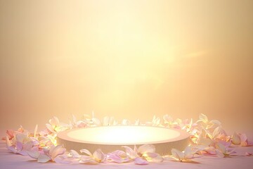 Poster - circular podium surrounded by delicate petals and soft glowing light set against warm gradient background