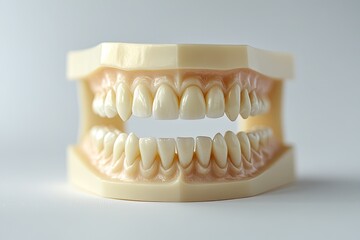 Poster - close-up of dental bridge model on solid white background with its details illuminated by soft light