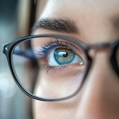 Wall Mural - Close up view of a female eye wearing glasses suitable for vision correction in a bright environment. Generative AI