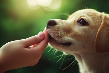 Poster - close-up of puppy licking human hand framed by soft natural lighting and blurred green background