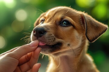 Poster - close-up of puppy licking human hand framed by soft natural lighting and blurred green background