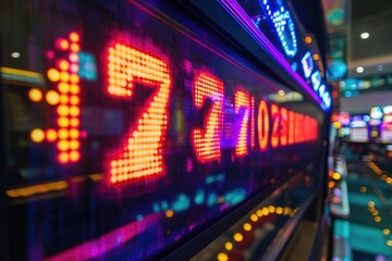 Poster - creative shot of winning combination on slot machine screen numbers glowing with casino softly blurred