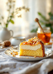 Wall Mural - A slice of bee sting cake with almond topping and vanilla filling, served with honey.

