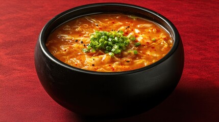Poster - dynamic image of spicy korean kimchi soup in black bowl placed on bold red background with ample copy space