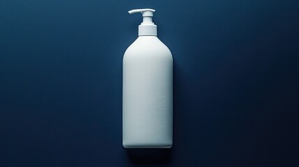 Poster - minimalist design featuring blank body wash bottle mockup with soft-touch finish placed on solid navy background