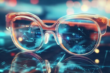 Poster - Smart glasses displaying digital data in a futuristic setting during night time