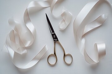 Aufkleber - minimalist setup with ribbon and scissors on clean white background perfect for branding or announcements