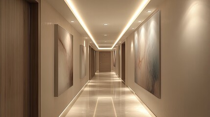 Poster - modern hallway with recessed ceiling lights creating soft glow highlighting abstract art on walls