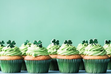 Poster - neat row of green cupcakes decorated with shamrocks on pastel turquoise background