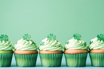 Poster - neat row of green cupcakes decorated with shamrocks on pastel turquoise background