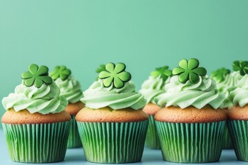 Poster - neat row of green cupcakes decorated with shamrocks on pastel turquoise background
