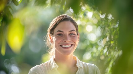 Poster - portrait of transgender woman smiling warmly in natural outdoor setting framed by softly blurred greenery