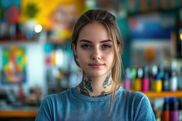 Poster - portrait of young female tattoo artist focused on her work in vibrant studio