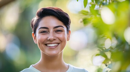 Poster - portrait of transgender woman smiling warmly in natural outdoor setting framed by softly blurred greenery