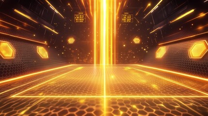 Wall Mural - A vibrant sports arena-inspired gaming backdrop with dynamic yellow and orange light streaks converging at the center. The background features a textured surface resembling a high-tech playing field.