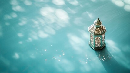 Poster - small decorative lantern placed on smooth teal surface with faint star patterns cast by light