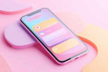 Fototapete - Close up view of a modern smartphone displaying a colorful messenger chat on a pastel background. Generative AI