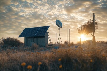 Wall Mural - Solar-powered facility surrounded by nature at sunset with beautiful sky hues