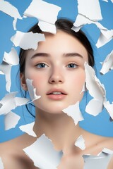 Poster - Woman Surrounded by Ethereal Floating Paper Against a Serene Blue Backdrop.