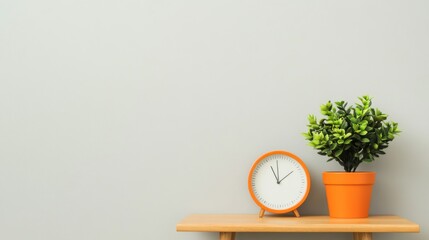 Wall Mural - Orange clock and potted plant on wooden shelf against gray wall.