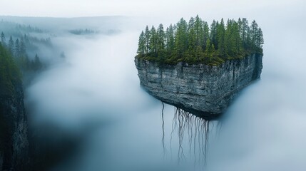 Wall Mural - National parks camping outdoor, A floating island with lush greenery atop a steep cliff, surrounded by thick fog and a serene blue atmosphere.