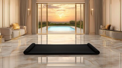 Wall Mural - An elegant animated living room with a sleek black yoga blanket positioned on a glossy marble floor. The beige pastel walls are paired with gold-accented furniture.